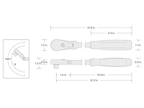 Technical diagram of 3/8 Inch Drive Flex Head Long Ratchet With Comfort Grip Non Quick Release 180 Degree Swivel 9 Detent Angles 90 Tooth
