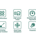 Icons representing features of Compact Electric Bench Grinder Featuring Dual Coarse And Fine Wheels For Metal Sharpening.