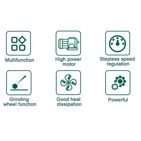 Icons representing features of Compact Electric Bench Grinder Featuring Dual Coarse And Fine Wheels For Metal Sharpening.