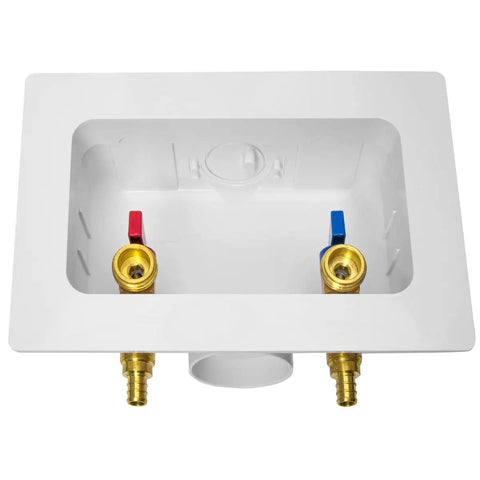Premium Washing Machine Outlet Box With One Half Inch Pex Inlet To Three Quarter Inch MHT Outlet, Center Drain View