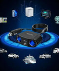 Heavy Duty Car Cigarette Lighter Splitter With Dual USB Fast Charge Ports And 150W Power Outlet For Quick Charging Up To Four Gadgets Simultaneously, showcasing devices and car connectivity.