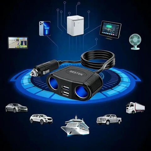 Heavy Duty Car Cigarette Lighter Splitter With Dual USB Fast Charge Ports And 150W Power Outlet For Quick Charging Up To Four Gadgets Simultaneously, showcasing devices and car connectivity.