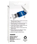 Back of packaging for 5 In 1 Hearing Aid Cleaning Kit For Home Or Travel with labeled blue tool set illustration.