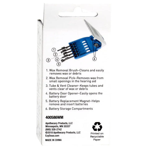 Back of packaging for 5 In 1 Hearing Aid Cleaning Kit For Home Or Travel with labeled blue tool set illustration.