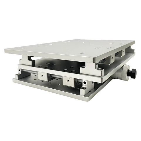 Built Tough Two Axis Moving Table for Laser Marking and Engraving Machine, aluminum, 300x220 mm platform, side view.