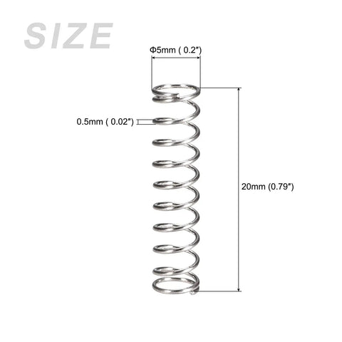 Handy Compression Springs Set 0.5x5mm OD, 20mm Free Length, 10 Pieces, 304 Stainless Steel, 7.8N Rated for Shop Repairs image