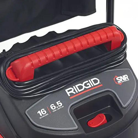 Close-up of 16-Gallon Stainless Steel Wet Dry Shop Vacuum With Cart, Pro Hose, Drain And Blower Port, 6.5 Peak HP Motor, Red handle.