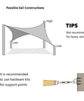 Diagram showing setup tips for Outdoor Shade Sail Rectangle 10 ft by 13 ft UV Block Canopy for patio, lawn, and garden.