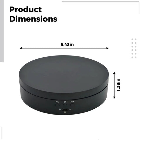 Stunning Motorized Rotating Display Turntable With Electric Stand In Matte Black Featuring 3-Speed Options And Adjustable Angles For Dynamic Product Showcase Supporting Up To 11 Pounds Load Via Usb Or Battery Power, showing dimensions 5.43" x 1.38".
