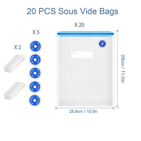 Reusable Sous Vide Vacuum Bag Kit For Meal Prep, 27 Pcs BPA Free Food Grade Bags With 20 Zipper Bags, 2 Clip Seals, 5 Air Valves