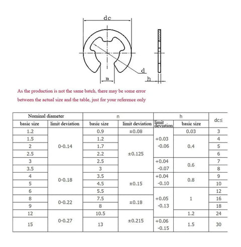Technical drawing of 65Mn Black Steel E-Clip Circlips sizing chart for shaft retaining uses.