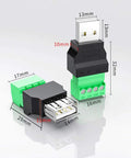 4 Pack USB 2.0 Type A Male Female To 4 Pin Screw Terminal Block Connector Adapters shown with measurements