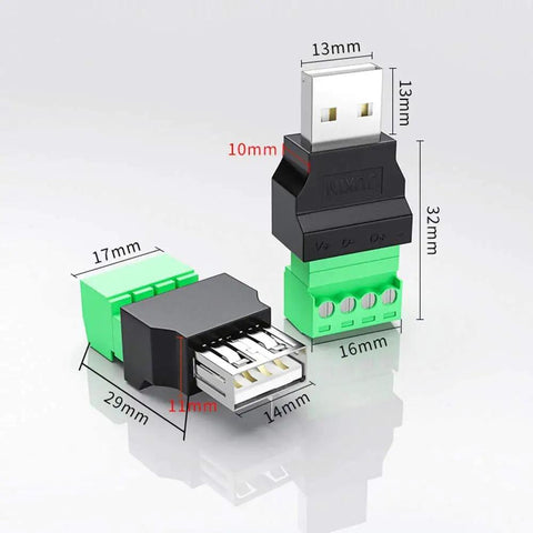 4 Pack USB 2.0 Type A Male Female To 4 Pin Screw Terminal Block Connector Adapters shown with measurements