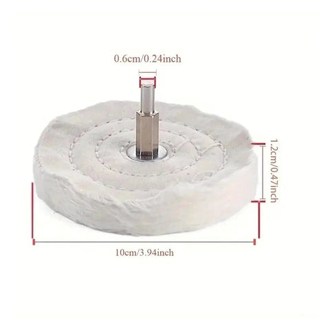 Awesome 4 Inch Cotton Cloth Polishing Wheel For Grinding Buffing And Polishing Smooth Metal Jewelry Wood Projects Ultimate Surface Finish Tool, showing dimensions and metal shank.
