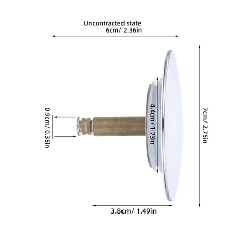 Side view of Rotary Bathtub Drain Stopper Copper One Press Seal Hair Catcher with dimensions 7cm by 6cm.