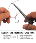 Two Pack 5 Inch Stainless Steel Fishing Forceps Set With Curved And Straight Hemostats, shown removing a hook from fishing line.
