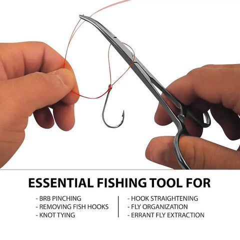 Two Pack 5 Inch Stainless Steel Fishing Forceps Set With Curved And Straight Hemostats, shown removing a hook from fishing line.