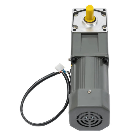 Electric gear reducer motor with 90° right-angle gear head, gray housing and yellow output shaft