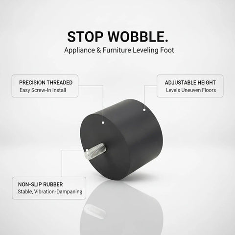 Heavy Duty Adjustable Leveling Foot With Rubber Base And Metal Threaded Leg for uneven floors, shown with labeled features