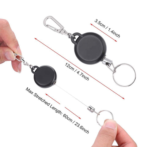 Extendable Keychain With Retractable Cord, 60cm Steel Wire Rope Key Reel extended and measured, ABS plastic, stainless steel clip