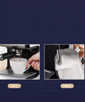Pro Grade Commercial Semi Automatic Espresso Machine In Stainless Steel With High Pressure Steam Milk Frother Wand 20 Bar Extraction 110-240V For Busy Cafes, showing coffee extraction and milk frothing.