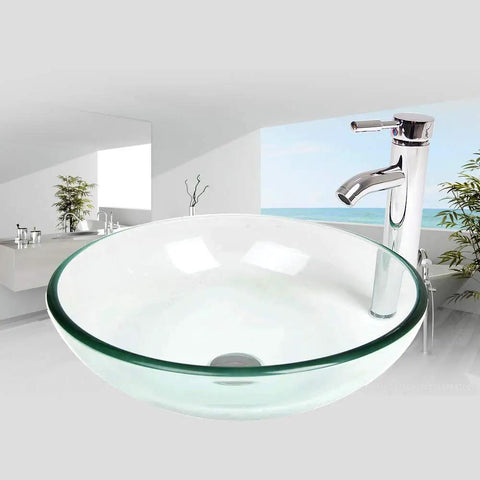 Crystal Glass Vessel Sink With Faucet Set For Bathroom Vanity, Round Bowl Design, Tempered Glass Build, Modern Chrome Faucet, 16.5 Inch Wide, Sleek Easy Install, Durable And Stylish