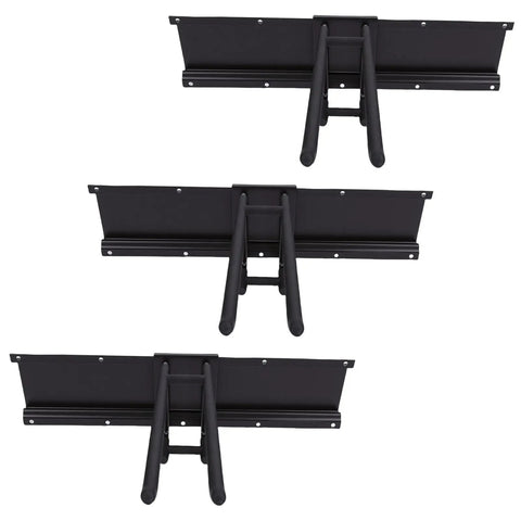 Beefy Garage Wall Storage Kit With 3 Heavy Alloy Steel Rails 3 Shelves And 6 Hooks for holding tools and garden gear.