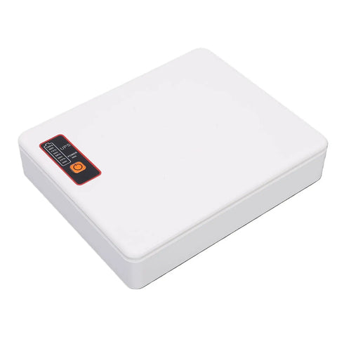 Mini Ups Dc Battery Backup 20800Mah Us Plug keeps router and modem running smooth during blackouts, compact white device.