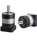 Kickass Heavy Duty Planetary Gearbox With Seamless Round Flange Design And Drop In Install For 110 To 180 Mm Servo Motors, black and silver, dual view.