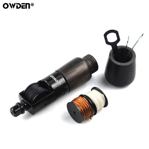 Leather Stitching Pro Grade Awl Tool Set with aluminum handle, ebony grip, wrench, needles, and three thread colors visible.