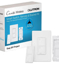 Smart Light Switch Three Way Kit With Pico Remote And Wall Plate And Wall Bracket For LED Lights And Fans On Off Only Neutral Required Five Amp Super Easy Setup For Indoor And Outdoor Living Spaces in packaging