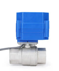 Three Quarter Inch Motorized Ball Valve 304 Stainless Steel NSF Certified Electric Actuator Normally Closed 9-24V DC 5-Wire Control Full Port Smooth Flow Heavy Duty For Potable Water 25 Pack Unit, side view showing blue actuator.