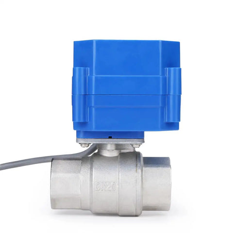 Three Quarter Inch Motorized Ball Valve 304 Stainless Steel NSF Certified Electric Actuator Normally Closed 9-24V DC 5-Wire Control Full Port Smooth Flow Heavy Duty For Potable Water 25 Pack Unit, side view showing blue actuator.
