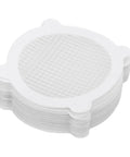 Saluaqui 50pcs Mesh Shower Drain Stickers 12cm Hair Catcher, stack of white mesh drain stickers for hair and debris protection.