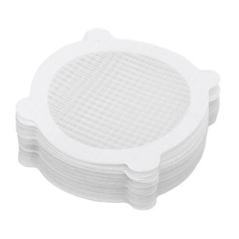 Saluaqui 50pcs Mesh Shower Drain Stickers 12cm Hair Catcher, stack of white mesh drain stickers for hair and debris protection.