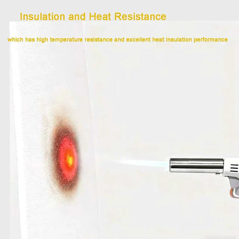 Side view of white gasket paper sheet, 8x12 in, 1/4 in thick ceramic fiber gasket material, heated with torch