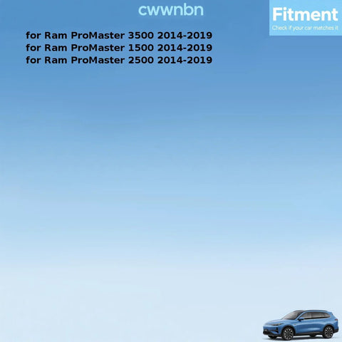 Text reads "for Ram ProMaster 3500/1500/2500 2014-2019" over a blue background with a small car image at the bottom.