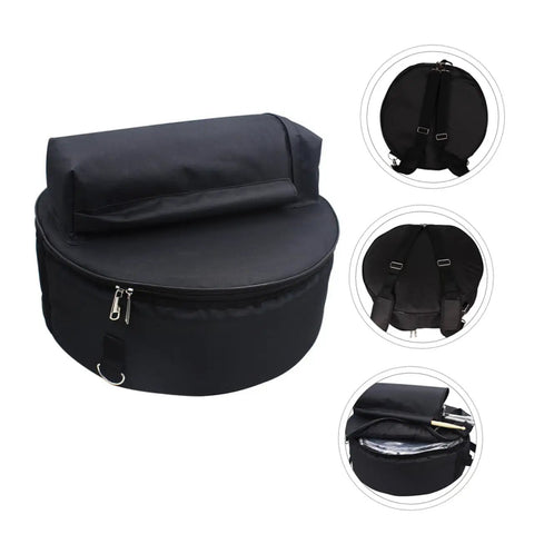 Premium Heavy Duty Waterproof Drum Instrument Backpack Featuring Rugged Adjustable Shoulder Straps And Smart Storage Layout For Weekend Musician Lifestyle, round black bag with zippers.
