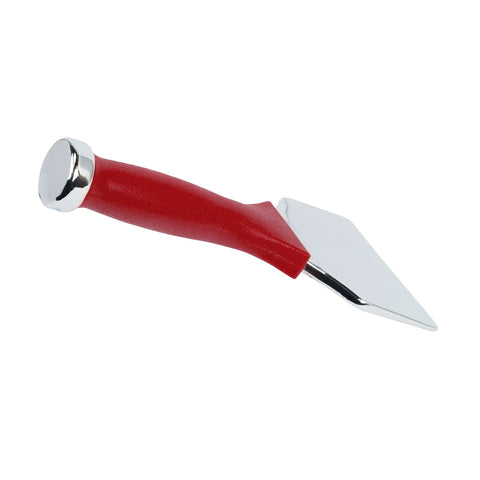 Extra Wide Carpet Tucker And Stair Tool In Chrome Plated Steel with slip-resistant red handle, angled view.