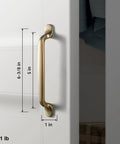 Side view of Six Pack 5 Inch Center To Center Arch Cabinet Pulls in champagne bronze on cabinet, showing measurements and finish detail.
