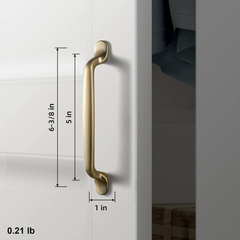 Side view of Six Pack 5 Inch Center To Center Arch Cabinet Pulls in champagne bronze on cabinet, showing measurements and finish detail.