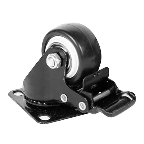 Top Shelf Universal Replacement Caster Wheels Featuring Snappy 360 Degree Swivel Capability And Solid Locking Brake Sweet Non Marking Rollers For Heavy Duty Tool Cart Rigs close-up view of a single heavy-duty black caster wheel with mounting plate.
