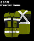 Men High Visibility Safety Vest With Seven Rugged Pockets And Secure Zip Closure Built Tough For The Daily Hustle Breathable Mesh Construction Workwear Compliant With Ansi Class 2 Safety Standards in bright yellow with reflective strips.