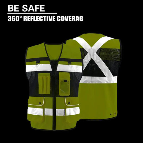 Men High Visibility Safety Vest With Seven Rugged Pockets And Secure Zip Closure Built Tough For The Daily Hustle Breathable Mesh Construction Workwear Compliant With Ansi Class 2 Safety Standards in bright yellow with reflective strips.