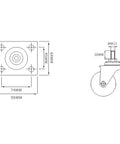 Heavy Duty Silent Caster Wheels M12 X 30Mm Stem dimensions illustration for office chairs and rolling carts.