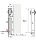 Diagram showing dimensions of the Black Steel Sliding Barn Door Hardware Kit With Heavy Duty Big Rollers for 5Ft to 9.6Ft Track Systems.