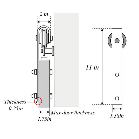 Diagram showing dimensions of the Black Steel Sliding Barn Door Hardware Kit With Heavy Duty Big Rollers for 5Ft to 9.6Ft Track Systems.