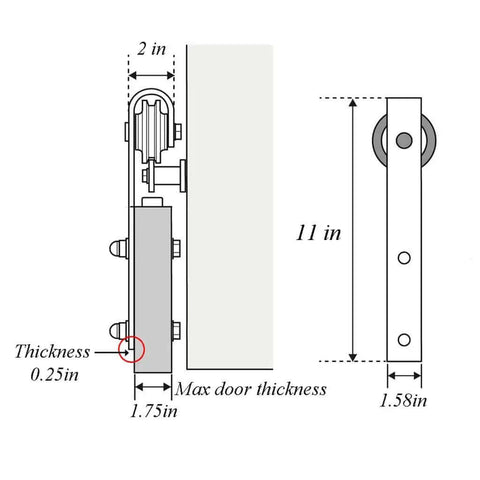 Technical diagram of Black Steel Sliding Barn Door Hardware Kit with measurements for 8 foot track installation.