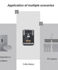 Infographic showing 1/4 in tee push-fit fittings used with coffee makers, RO systems, and refrigerators.