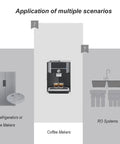 Image showing applications of 8 Piece 5/16 Inch RO Water Line Kit With Tubing Cutter And 20FT PE Tube Plus Push Connect Fittings for refrigerators, coffee makers, and RO systems.